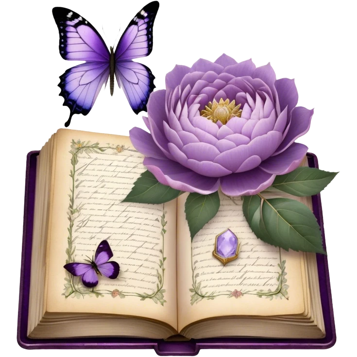 An antique botanical journal with golden-edged pages, filled with meticulously pressed lilac roses, ice violet peonies, and amethyst dahlias, lies open beneath the soft glow of candlelight, its delicate illustrations and handwritten notes whispering stories of forgotten gardens as a pearl butterfly gently perches on its weathered cover. emoji
