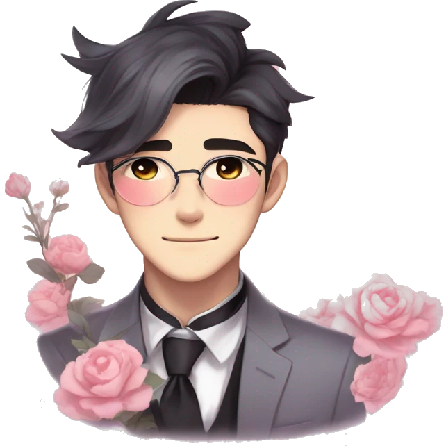 Gorgeous romantic anime style Asian formal modern gentlemanly guy with cat ears and flowers and blushing face aesthetic trending style outside with colorful gradient colors emoji