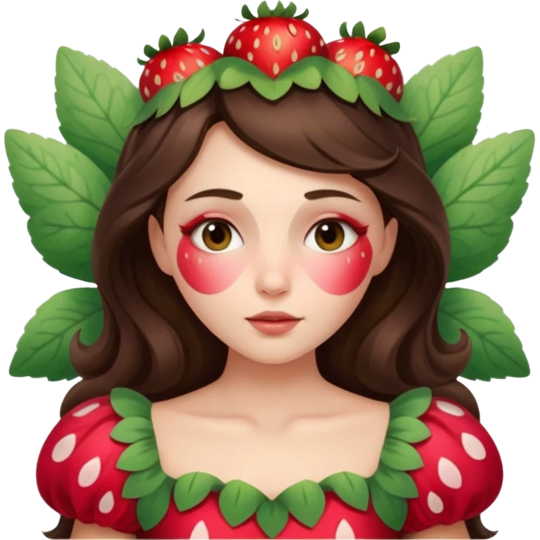 sleeping beauty brunette white girl with a silk pillow strawberry dress with her face painted fairy strawberry emoji