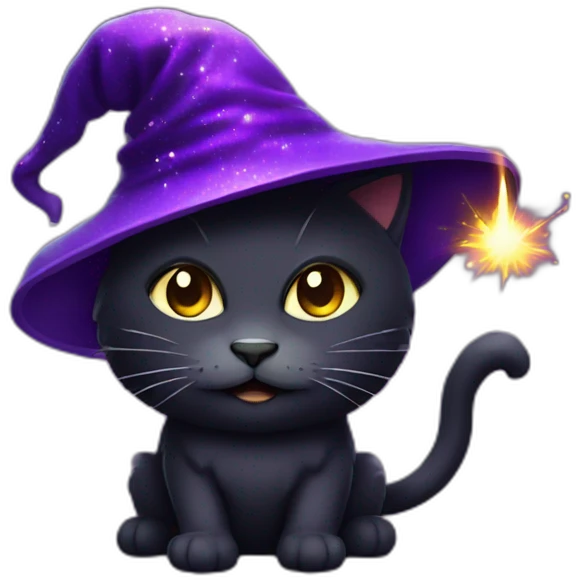 a dark cat with a purple wizard hat with sparks emoji