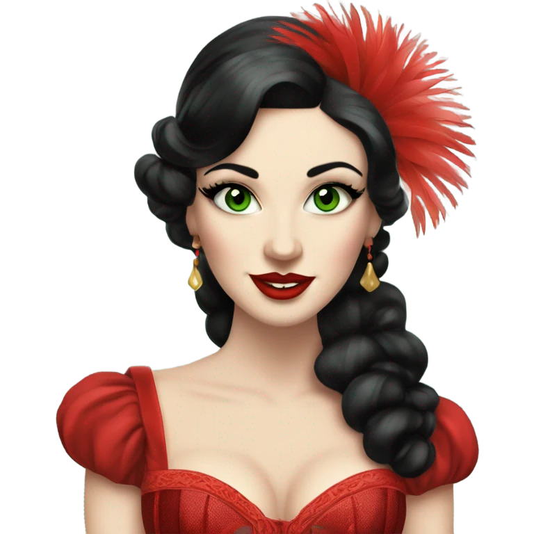 Burlesque dancer with black hair, pale skin, and green eyes in a red vintage costume holding red feather fans emoji