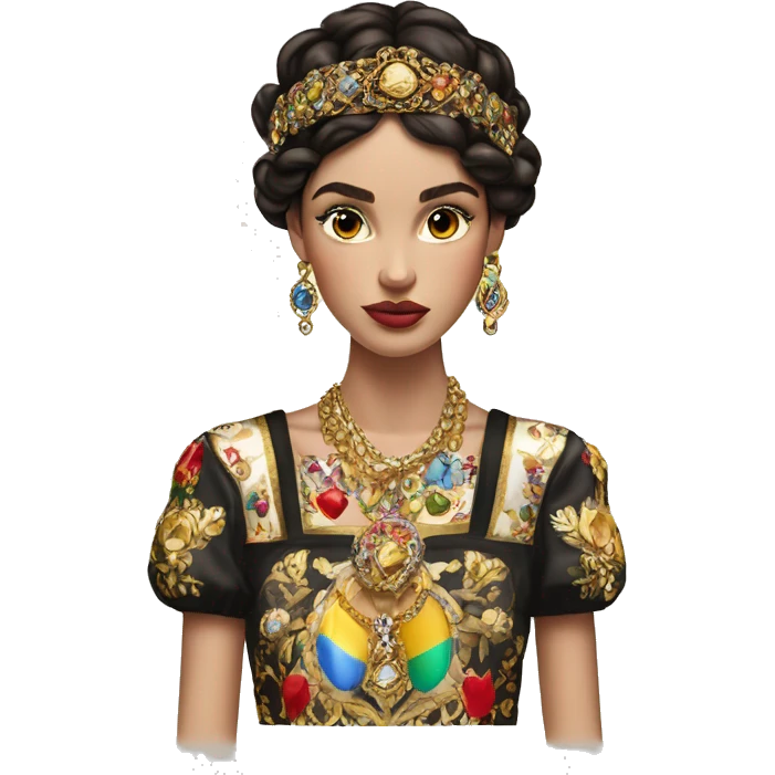 Dolce and Gabbana Italian model with dark hair and headband with colourful ornament and golden detais  emoji