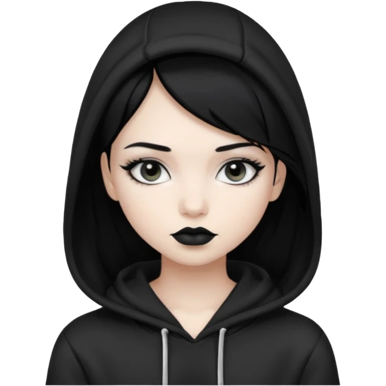 Black haired girl, silver eyes, black lipstick, white skin, black hoodie emoji