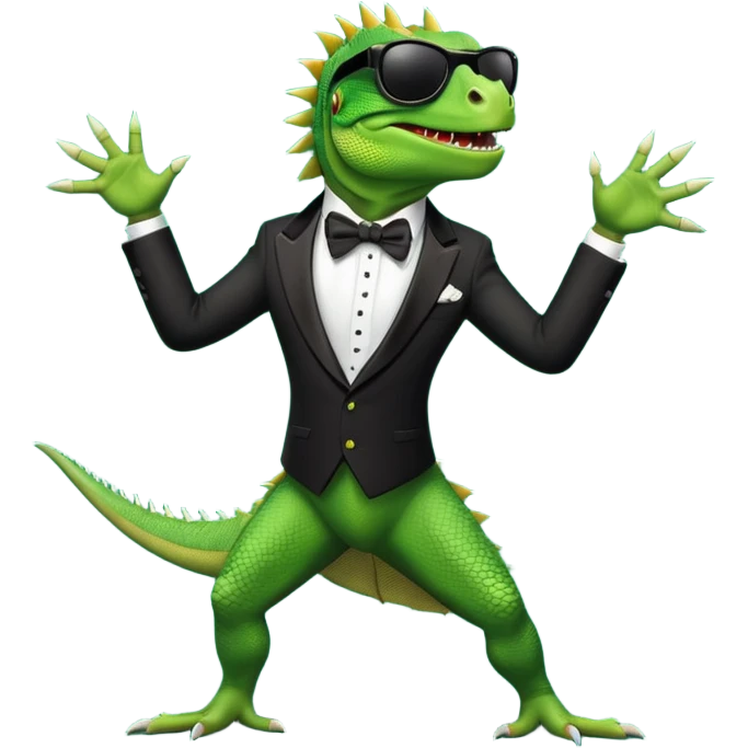 capitalist iguana in tuxedo with black sunglasses dancing emoji