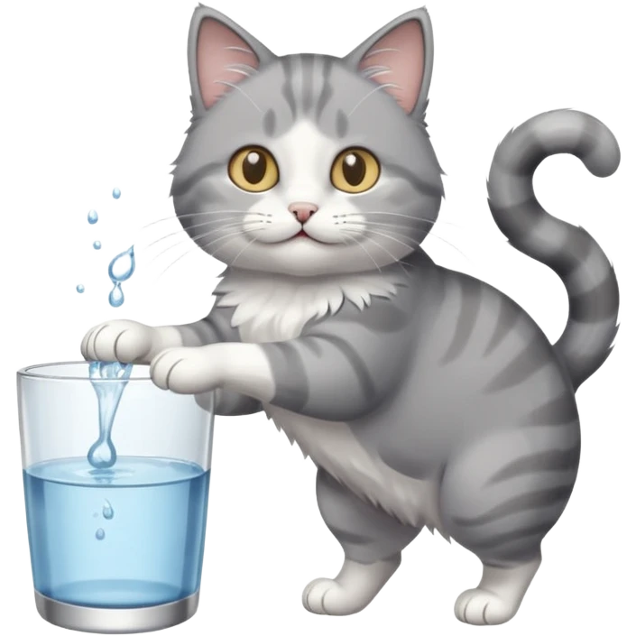 Grey and white cat knocking a cup of water over emoji