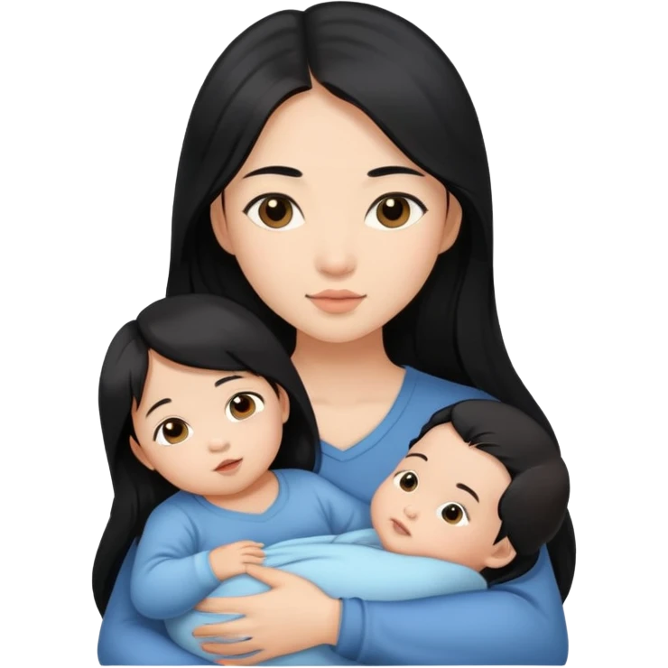 Beautiful Asian girl with long black hair and brown eyes holding baby boy in her arms emoji