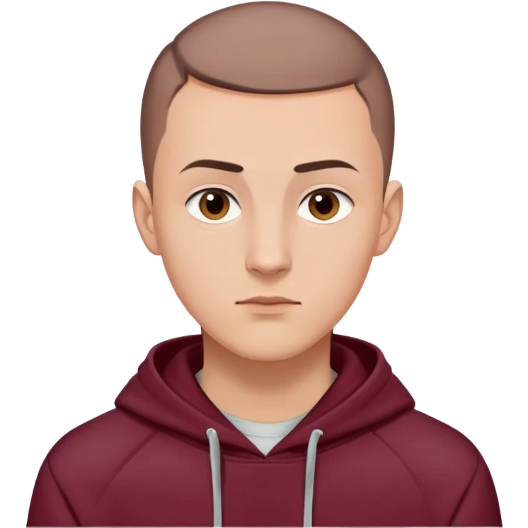 European male youth, maroon hoodie up, short brown buzzcut, smooth skin, oval face, strong jawline, high cheekbones, sharp focused eyes, straight eyebrows, calm neutral look emoji