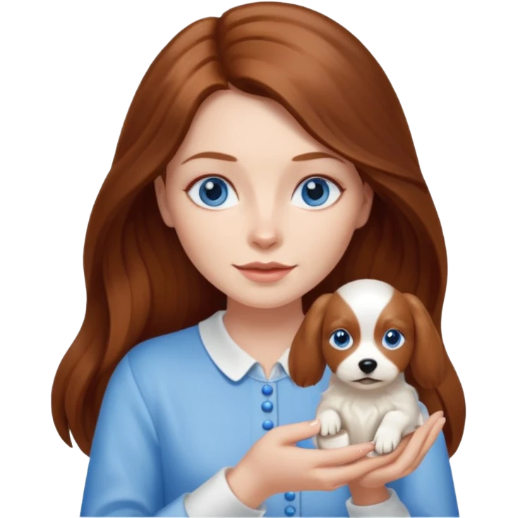 long hair chestnut color blue eyes woman holding small cream dog emoji