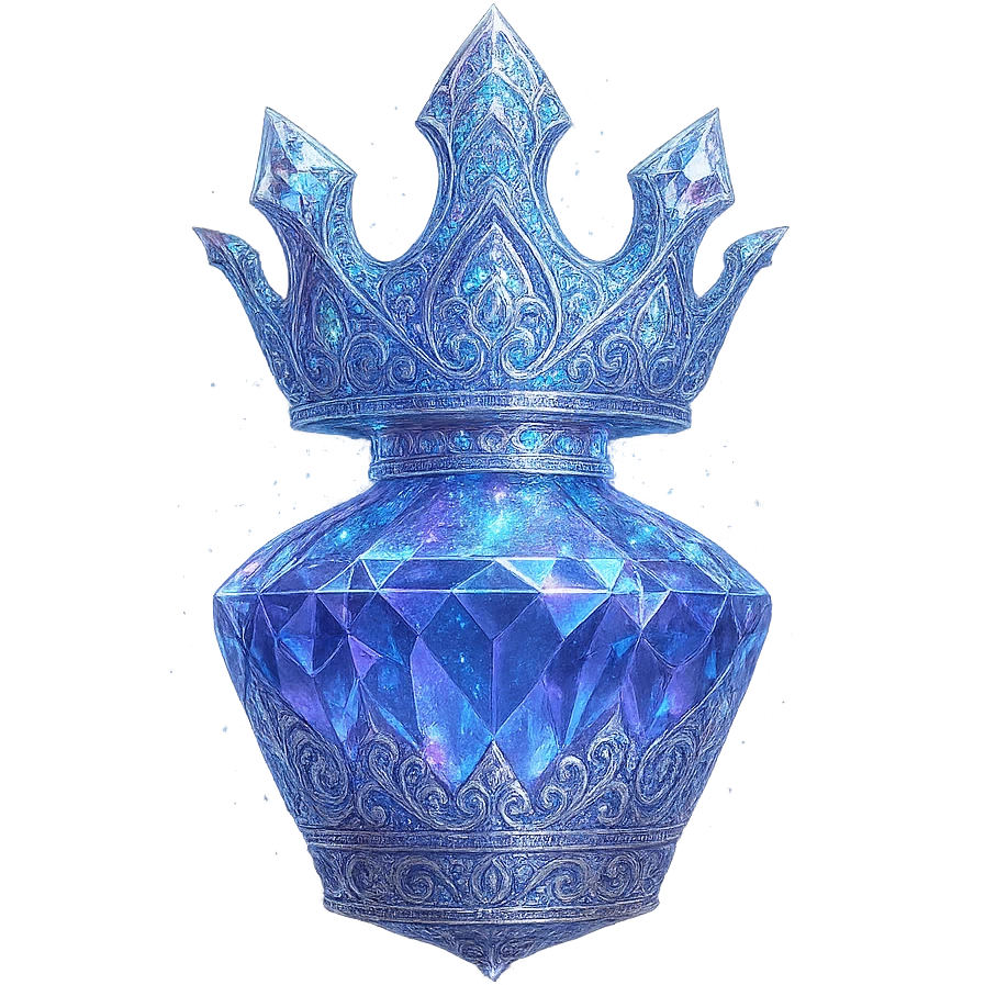 crown-shaped ultra luxurious elixir bottle, color #7986cb, extremely detailed multi-layered holographic and silver filigree, radiant crystal facets, magical glowing and sparkling effects, seamless ornate bottom, very small neck, transparent background, floating clearly in air, not standing, no base or shadow, modern, breathtakingly beautiful, matching a collection emoji