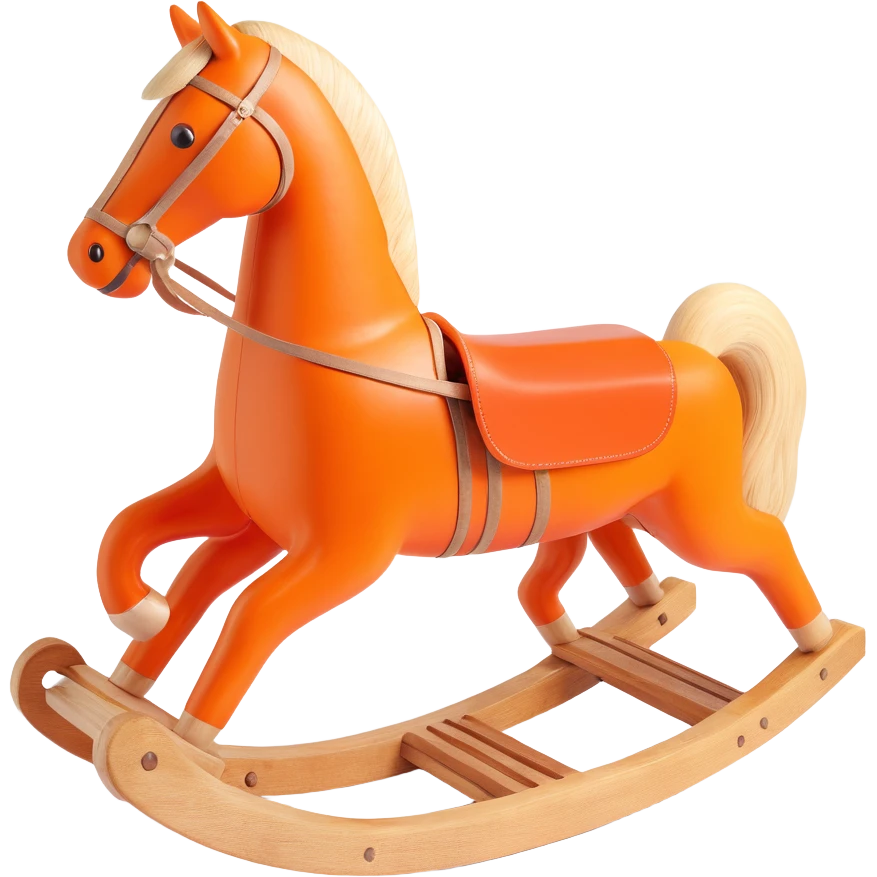rocking horse, 3D, reclaimed wood with visible grain, vintage style, subtle Hermès orange detail, no text emoji