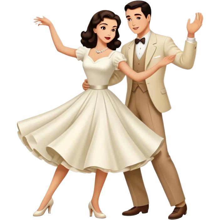 Beautiful woman in 1950’s woman fashion look, white dress, long dark brown hair, balboa couple dance  emoji