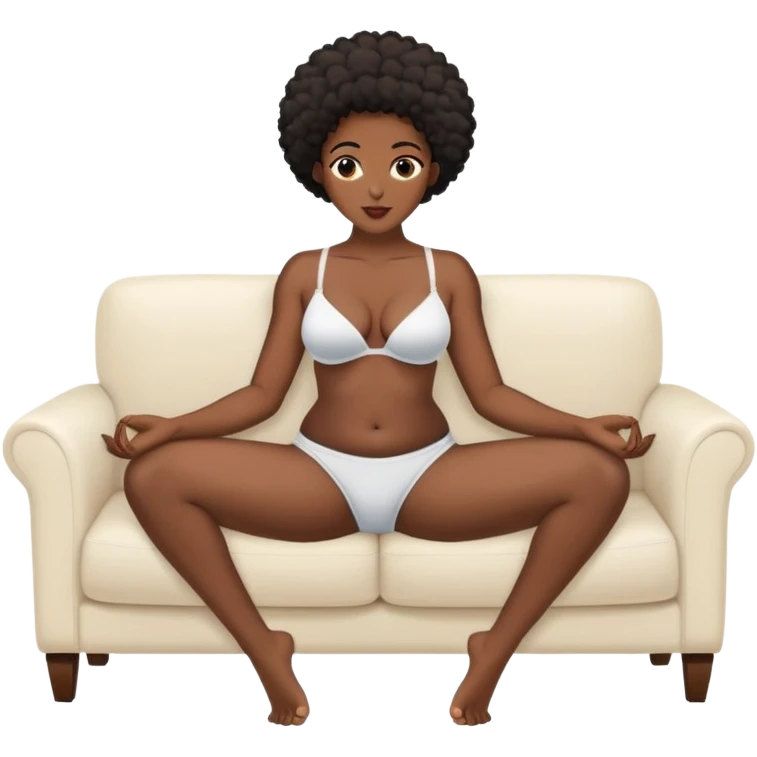 fullbody realistic busty black African  topless buxom in undies sitting on couch in comfy missionary pose holding her legs up with hands sfw emoji