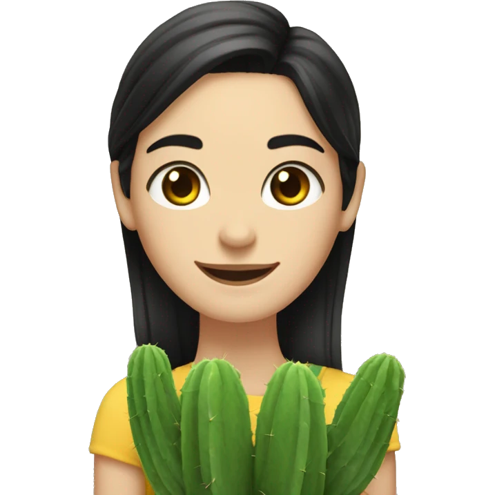 thin tall white woman medium black hair slanted eyes smiling with a cactus and a sunflower on her side emoji
