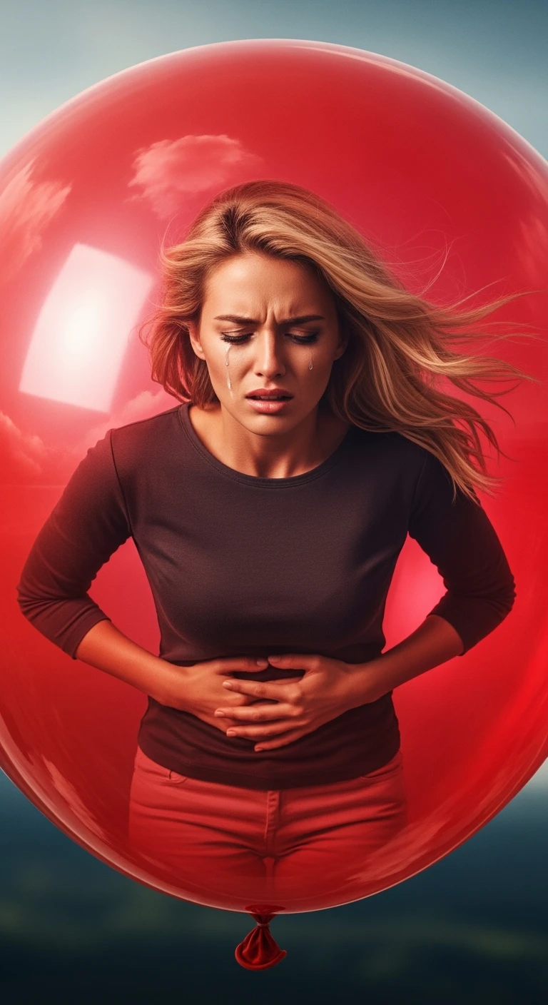 DONNA CON MAL DI PANCIA E INTESTINO CHIUSO IN UN PALLONCINO ROSSO, ESPRESSIONE DI DOLORE IN VOLTO, IPERREALISTICA 4K emoji