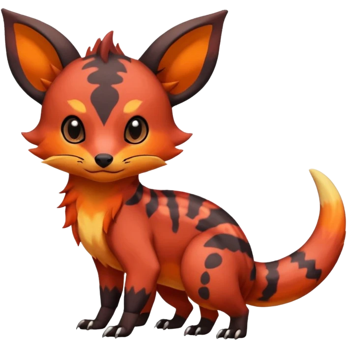 Rare tropical warm-colored exotic cute epic aesthetic colorful Salandit-Eevee-Civet-species-Fakemon-hybrid-creature, with wild fiery markings, full body emoji