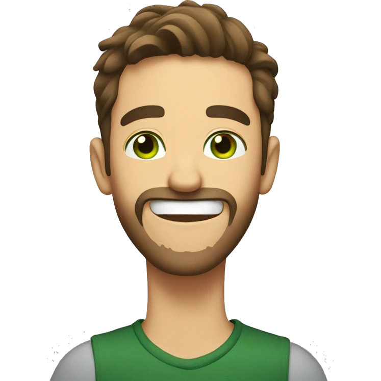 man, brown hair, short beard, green eyes, laughing emoji