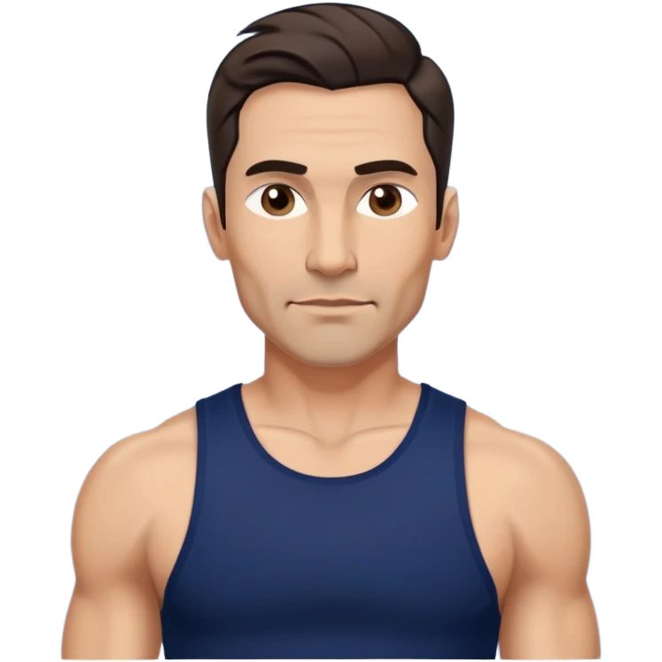 Athletic 40-year-old man with light brown skin, elongated face, strong jawline. Confident expression with medium dark eyes, arched eyebrows. Wavy dark hair in modern cut. Wearing a navy blue tank top showing fit physique. emoji