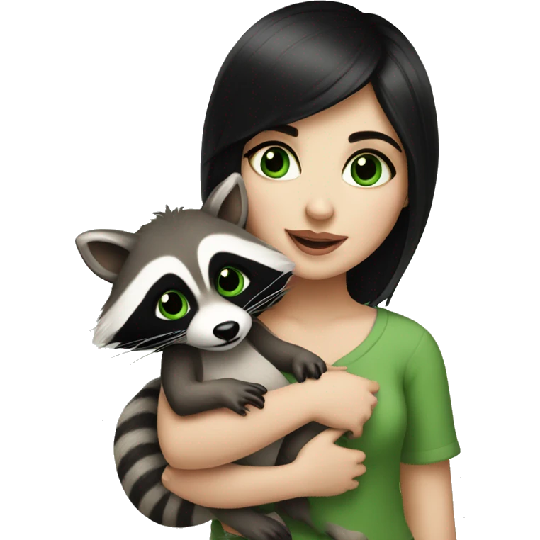 girl with black hair and pale skin with green eyes holding cute baby raccoons emoji