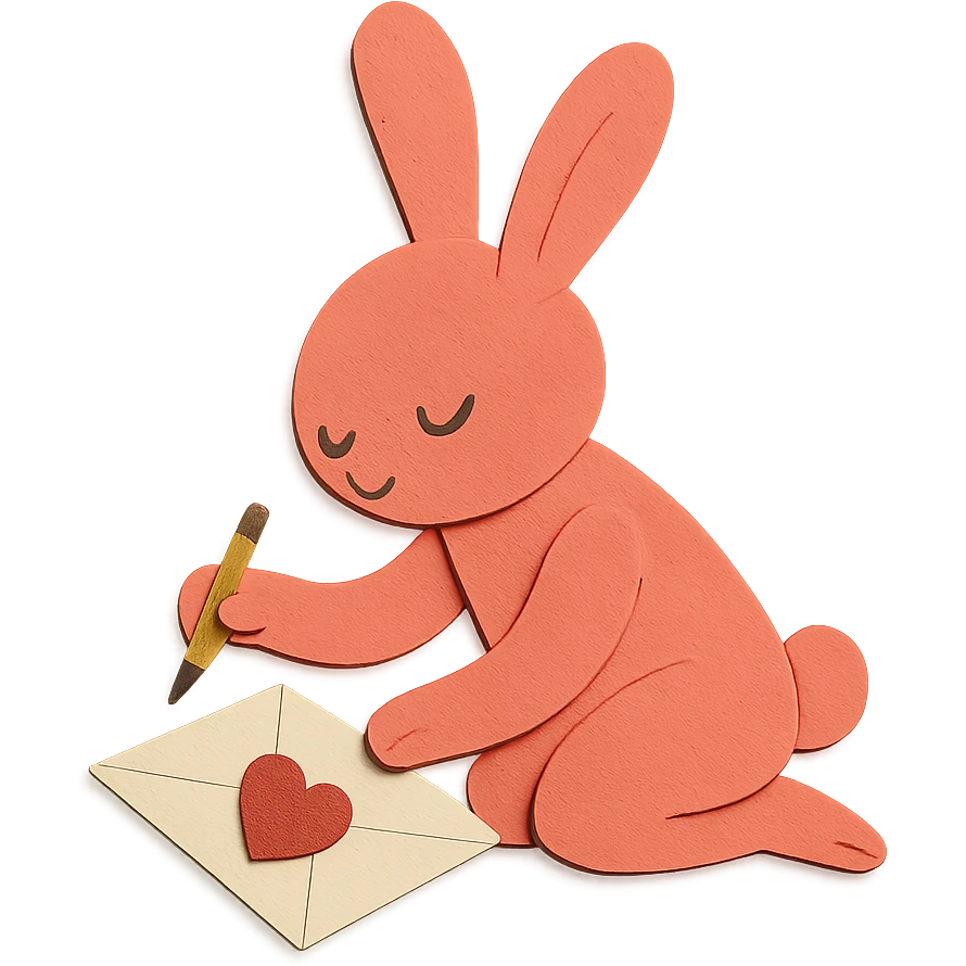 coral bunny kneeling while writing a love letter, paper-craft style emoji