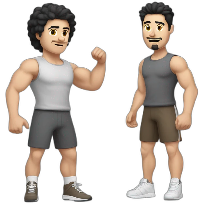 Full height Actively gesturing with hands Pale skinned Fit Man With the biceps and black hair with Bristle in dark gray Sleeveless Mike, brown oversize sports shorts and white Sneakers emoji
