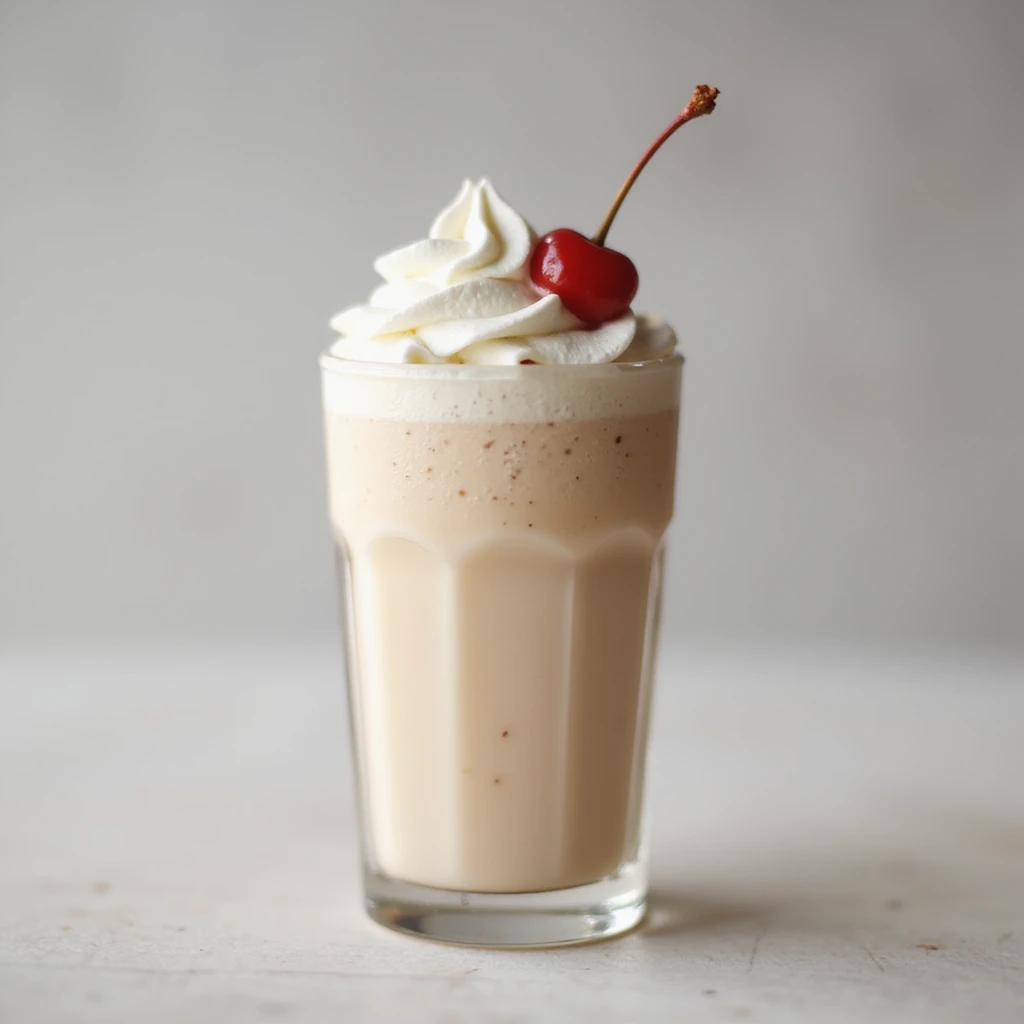 realistic glass of milkshake with whipped cream and cherry, photorealistic style emoji