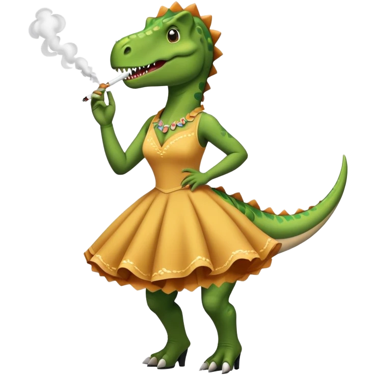 Un dinosaurio con vestido mientras se fuma un peta y baila claque  emoji