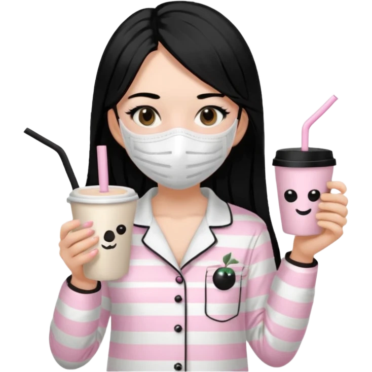 chica de pelo lacio color negro cabellera larga piyama blanca con rayas rosa claras peo no tan claras no oscuras el bordado es negro al igual que los botones )tiene una mascarilla para la carablanca y sostiene y cafe con bolitas nedras al dondo con unsorbete tranparente y es de test blanca  emoji