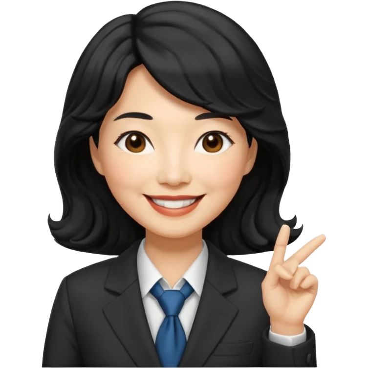 60 yr old asian woman, wavy thick black hair, side part, side swept bang, big smile, business suit emoji