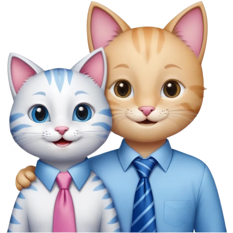 happy girl cat with eyelashes wearing a pink necktie and happy boy cat wearing a blue necktie, standing close together, both smiling emoji