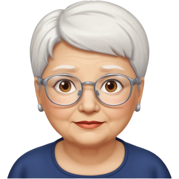 Create me emoji of an old mid-fat lady. Short white hair to left side. Square glasses. Brown eyes. Without any earings. Long head emoji