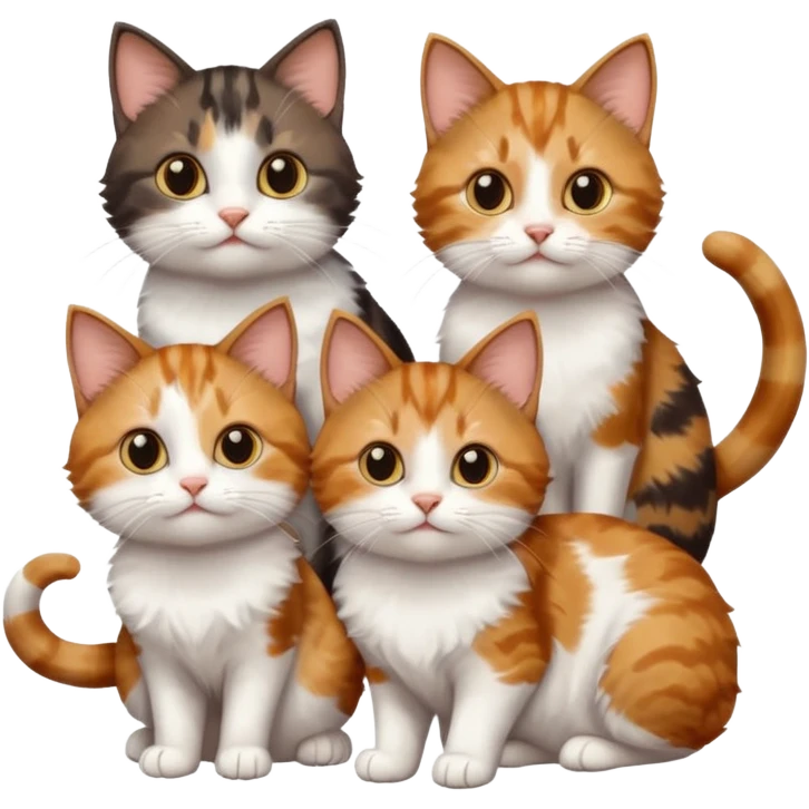 3 different coloured small cats including a dark brown tabby and white, and a patchy calico, and a ginger and white emoji