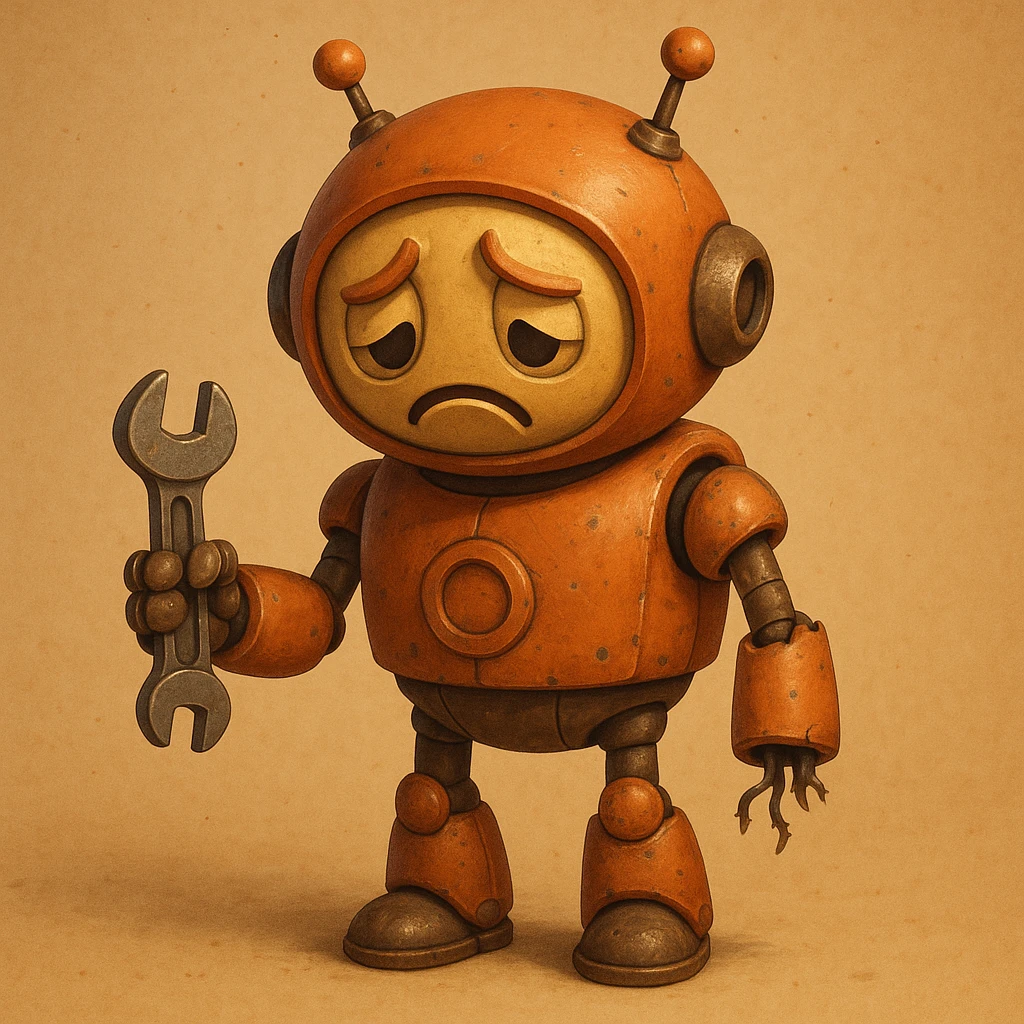 A 3D robot with a broken arm, holding a wrench, with a sad face, bufo style emoji