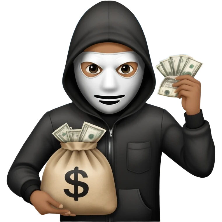 A rober with a money bag in black and white dirt and a sky mask  emoji