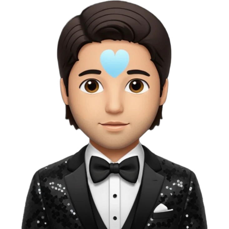 Josh Peck with dark brown hair, black sequin suit with bow tie emoji