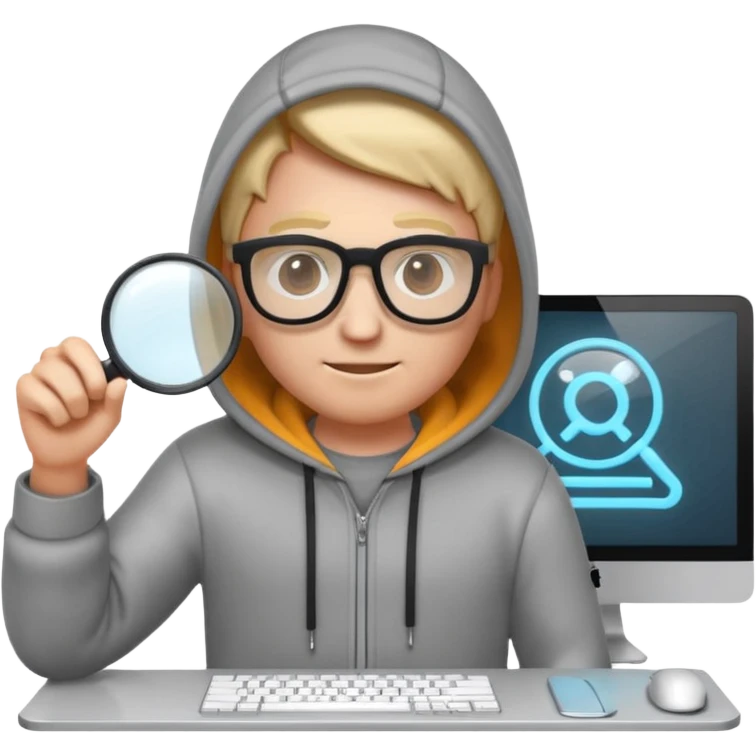 A stylized 3D emoji icon of a web developer character, wearing a hoodie and glasses. They are holding a glowing magnifying glass up to a computer screen filled with lines of HTML code and a search bar. emoji