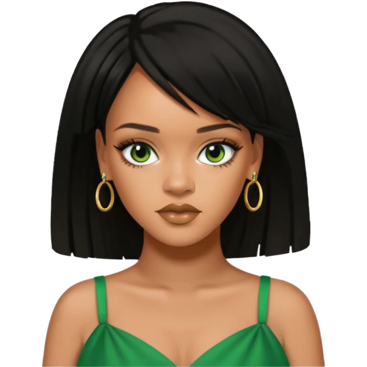 Rihanna black hair, hazel eyes, green dress emoji