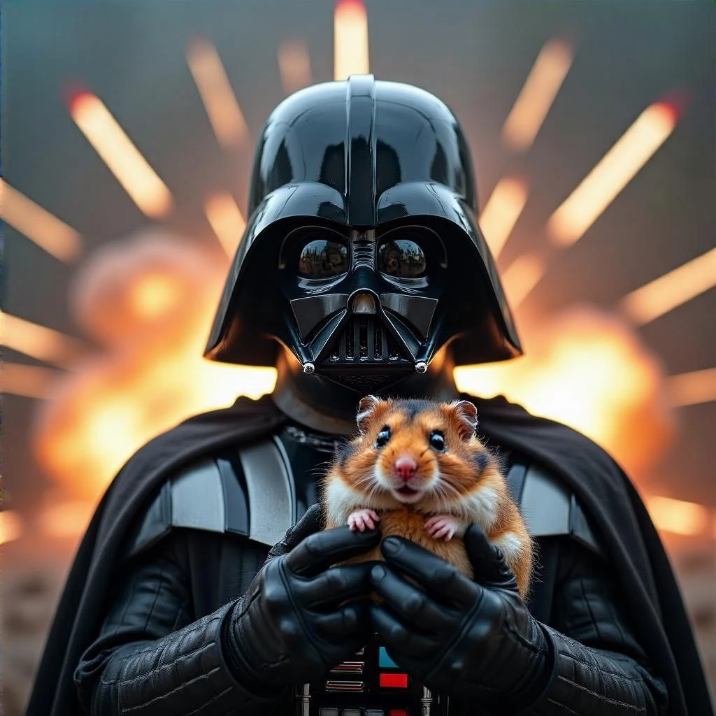 Cinematic still, Extreme Closeup Photo of a darth vader holding big hamster, low key light, explosion startship background with leading lines, back light, spot light emoji