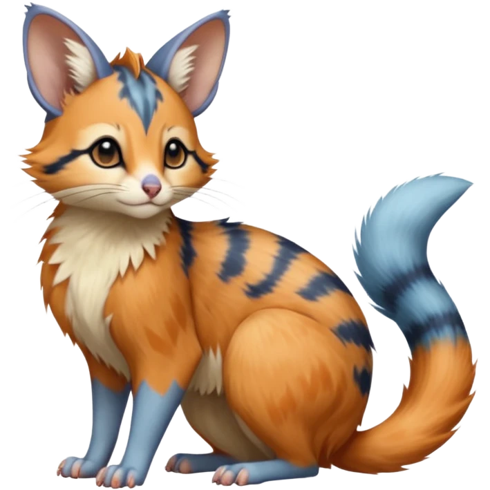 Blue, orange-pointed, soft realistic romantic vintage antique divine beautiful elegant pretty precious cute young youthful  Fakémon-Pokémon-opossum-feline-mouse-serval-caracal-chinchilla-Minccino-Cinccino-Meowstic-rodent-hybrid-creature with a big fluffy bushy tail (full body) emoji
