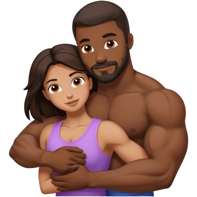Black man with facial hair and muscles hug small beautiful brunette woman emoji