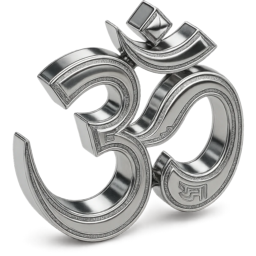reflective chrome Om sign with intricate details and a radiant shine emoji