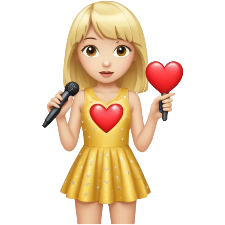 yellow, sparkly mini dress with a heart cutout, blonde hair girl with bangs, and a jeweled microphone with a red heart emoji