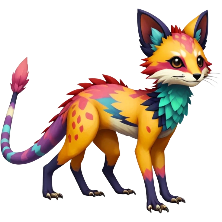 Rare realistic exotic edgy epic pretty beautiful handsome gorgeous aesthetic colorful vibrant Vernid-Trico-species-Fakemon-creature by LiLaiRa, 4 legs, 1 tail, random markings, (full body) emoji