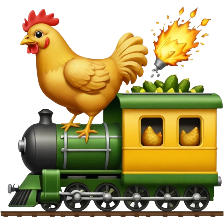 Chicken eating a train while the chicken is exploding earrings a pickle emoji
