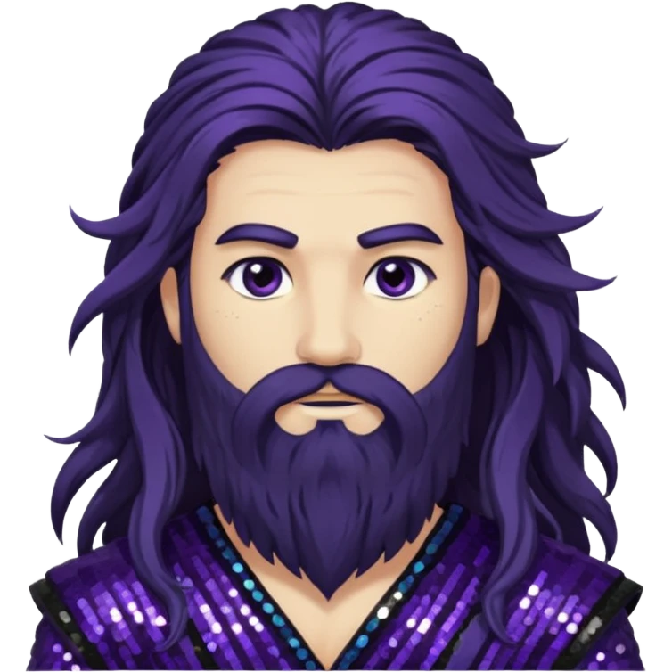 Boreas, God of North Wind from Gods and Goddesses with long black shaggy hair and beard, dark purple sequin outfit emoji