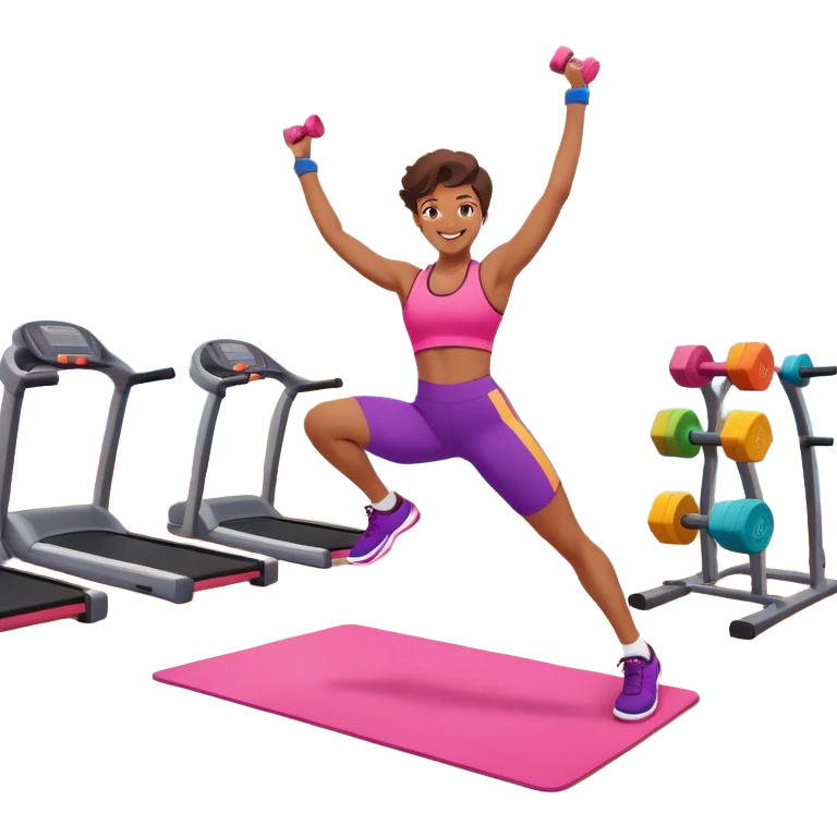 An energetic person performing an aerobics workout in a brightly lit gym, jumping and stretching with enthusiasm. The scene includes vibrant fitness equipment like dumbbells and exercise mats, with a background of cheerful, motivating colors, conveying energy and movement. emoji