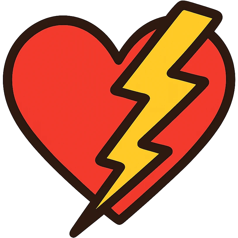 flat toon style heart with a lightning bolt, bold colors emoji