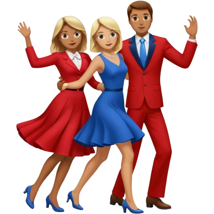 Two people. Man wearing all  RED with brown hair. Women  ALL blue with blond hair. Swing Dancing.  emoji
