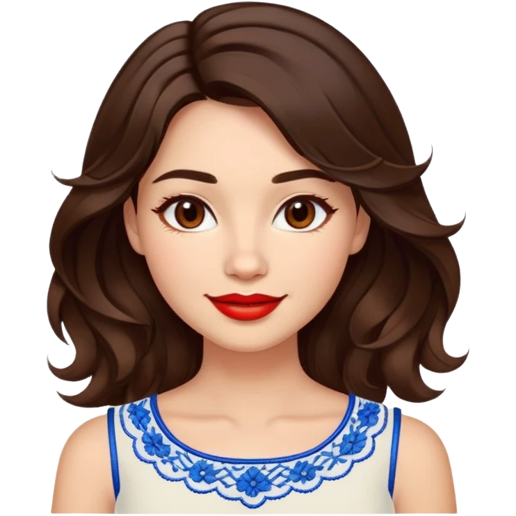 Enthusiastic woman with healthy glowing skin, round cheeks, warm smile, expressive light brown eyes, red lipstick, wavy dark brown shoulder-length hair, summery white top with blue embroidery and electric blue neckline emoji