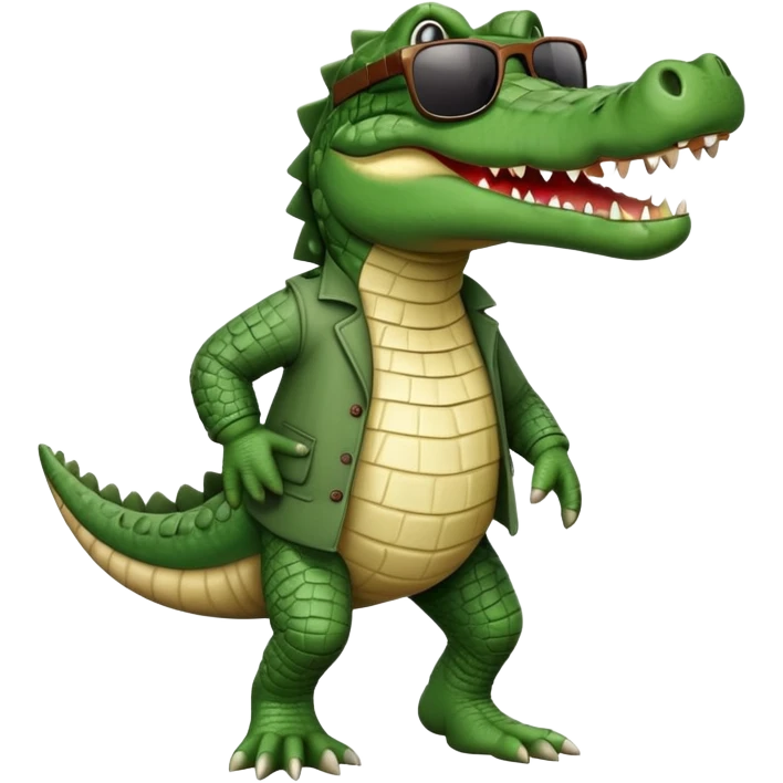 friendly anthropomorphised crocodile in casual clothing, wearing dark sunglasses, walking upright, standard pose emoji