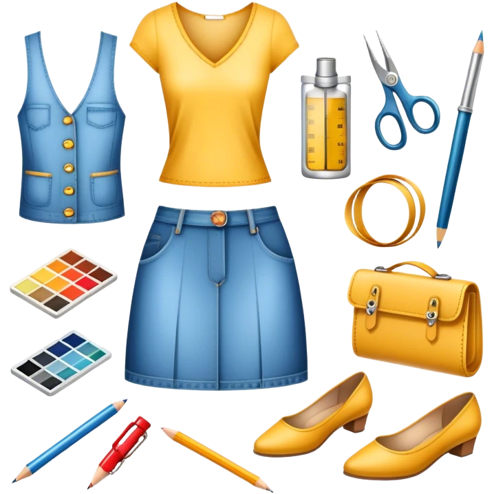Icon for Fashion Design: sketches of clothing, shoes, and accessories with design tools like a pencil, fabric swatches, and a measuring tape. The icon should represent creativity in fashion design and tailoring. Transparent background. emoji